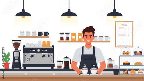 Smiling male barista wearing an apron while serving two cups of latte coffee at a counter in a modern cafe interior with delicious pastries.