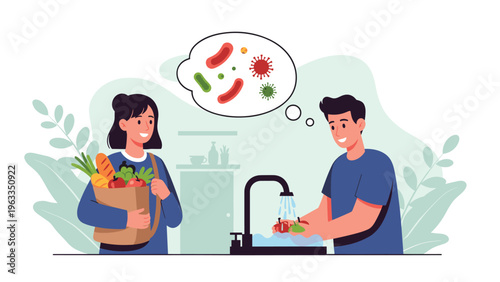 Health conscious man washing fresh vegetables under tap water while thinking about bacteria and virus prevention in his home kitchen.