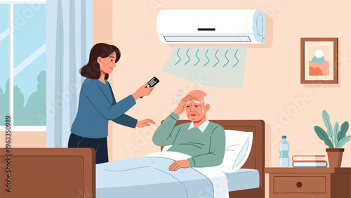 Caring woman using a remote control to adjust the air conditioner for a sick elderly man who is resting in bed with a high fever.
