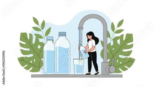 Environmentally conscious woman filling a reusable bottle with clean tap water to stay hydrated and reduce plastic waste in the world.