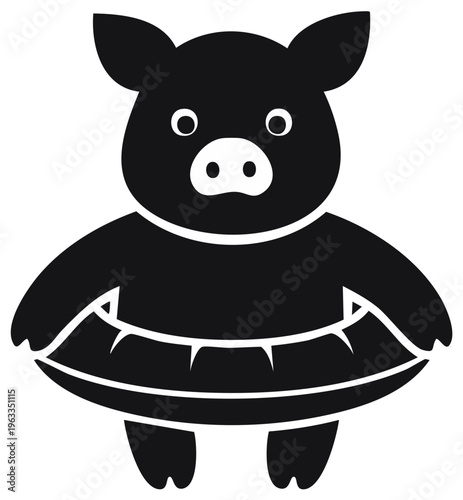 Cute cartoon pig wearing a swim ring black silhouette graphic vector illustration