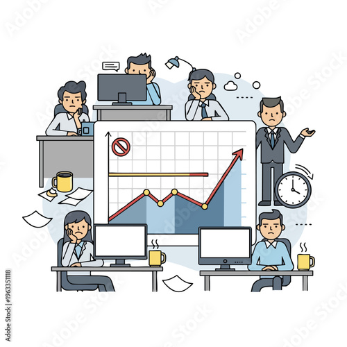 Stressed office workers look at a declining graph