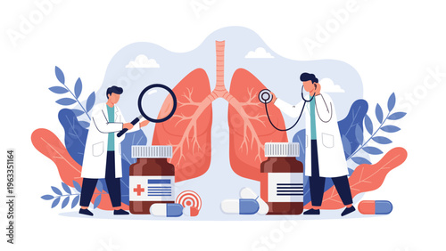 Medical team of doctors examining large human lungs with medicine and stethoscope to promote respiratory health and care.