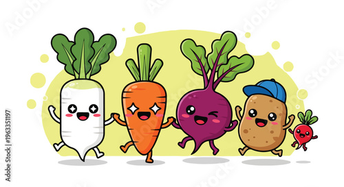 Cartoon illustration of anthropomorphic vegetables, including a radish, carrot, beetroot, potato, and tomato, standing in a row with expressive faces against a yellow background.