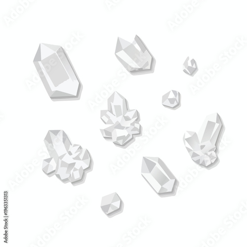 A scattering of sharply faceted, translucent white crystal formations on a white background