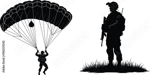 Black silhouette of soldier parachuting and standing soldier with rifle parachute white background