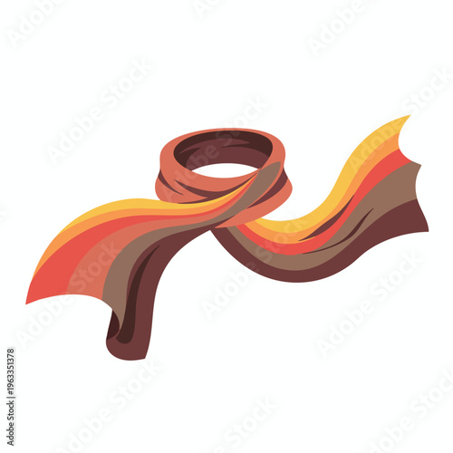 A flowing, striped scarf with warm autumnal colors is looped and draped