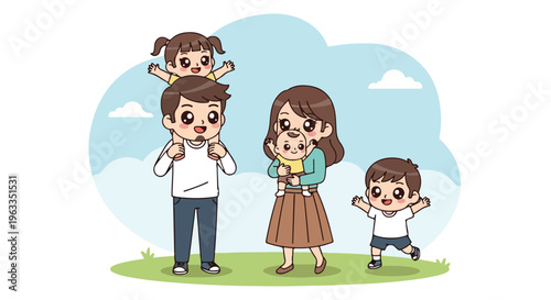 A cartoon family of four standing on green grass with a blue sky background, the man holding a girl on his shoulders and a woman holding a baby with a toddler beside them.