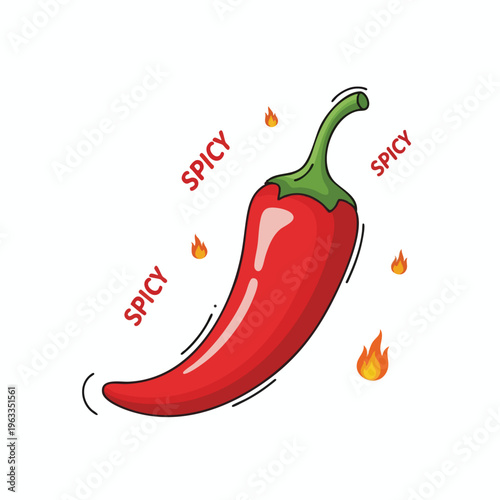 Bright red chili pepper with flames and "SPICY" text
