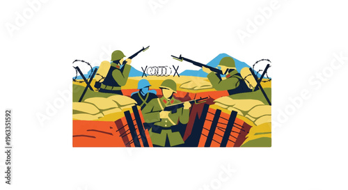 Soldiers in trench warfare with barbed wire and weaponry