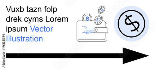 Cryptocurrency, digital finance, online payment systems, blockchain, virtual transactions, e-commerce. A digital wallet with crypto coins and a dollar symbol. Cryptocurrency and digital finance