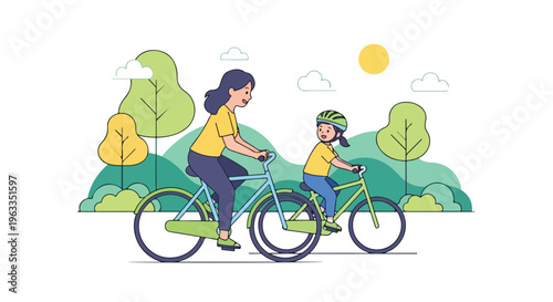 A woman and a child riding bicycles together in a park on a sunny day with trees and hills in the background.