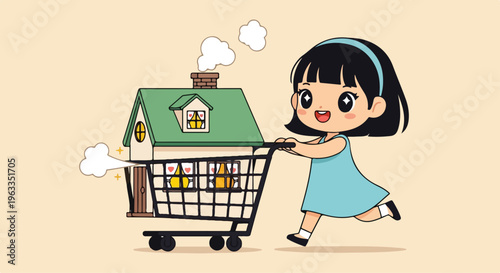 A cartoon girl pushing a shopping cart with a house on it against a plain background with a playful mood.