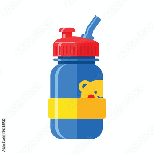 A blue sippy cup with a red cap, straw, and a yellow bear face on it