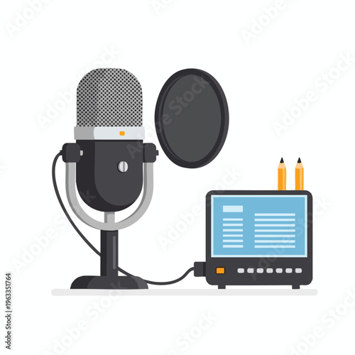 A studio microphone, pop filter, and audio interface with pencils