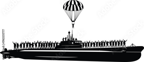 Black silhouette of submarine with people on deck and parachuter white