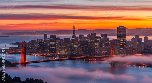 San Francisco Skyline at Sunset with Golden Gate Bridge.