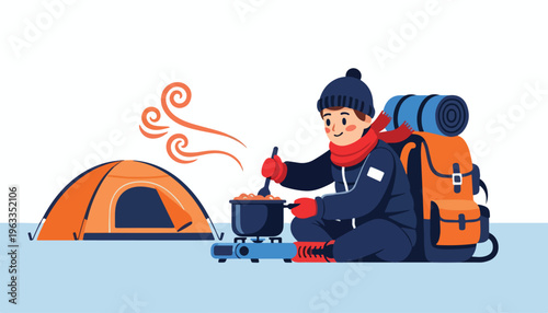 Illustration of a hiker cooking outdoors with a tent and camping gear in a cold winter scene.