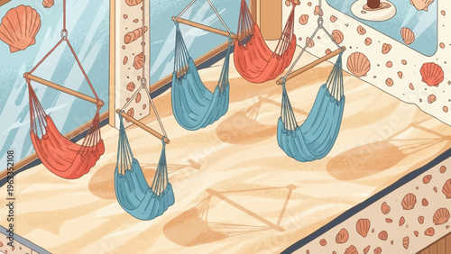 Colorful Hammocks Hanging from Ceiling Frames.