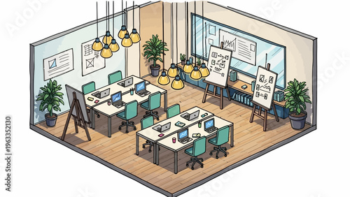 Modern Office Space with Desks and Computers.