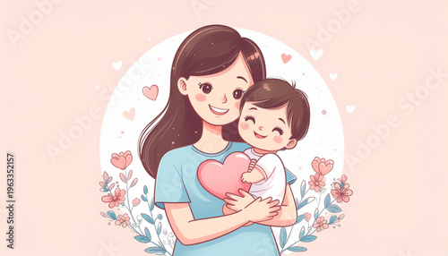 Cute Mother’s Day Vector Illustration with Kawaii Mom and Baby