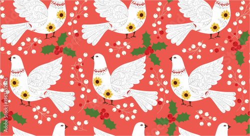 Seamless Christmas pattern with white birds holly berries flowers and festive winter holiday illustration design