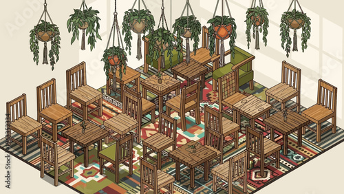 Digital Illustration of Cafe Furniture and Plants.