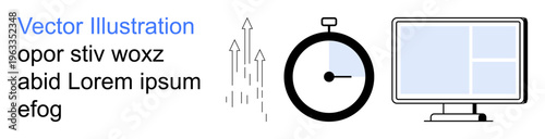 Productivity, time tracking, digital solutions, data visualization, business growth, analytics. Stopwatch, rising arrows and computer monitor. Productivity and time tracking icons for technology