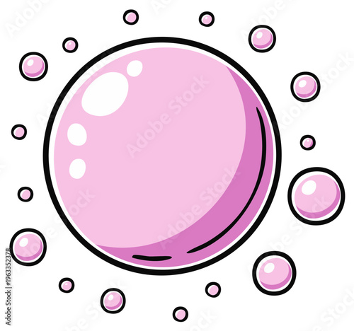 Cartoon illustration of a pink soap bubble with several smaller bubbles.
