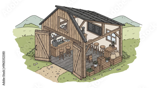 Detailed Illustration of Wooden Barn Structure.