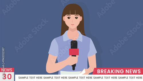 Female News Reporter Holding Microphone and Reading Script on Breaking News TV Screen Background Vector Illustration