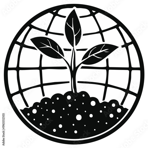 Illustration of a Sprouting Plant Emerging from Soil within a Globe Outline