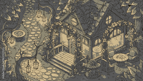 Fantasy Cottage with Stone Pathway and Gardens.