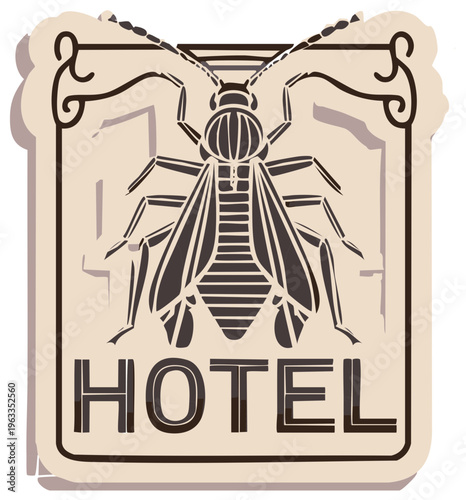 Vector sign of hotel pest control service with insect silhouette and ornate frame for logo design
