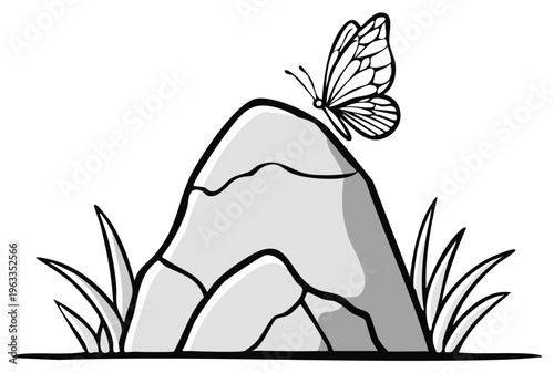 Whimsical drawing of a butterfly on a rock with blades of grass isolated on white. Cartoon of a winged insect atop mountain like stone.