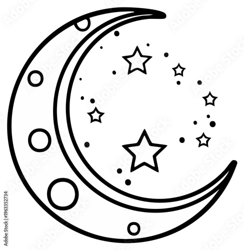 Crescent moon with stars and circles outline drawing illustration for design