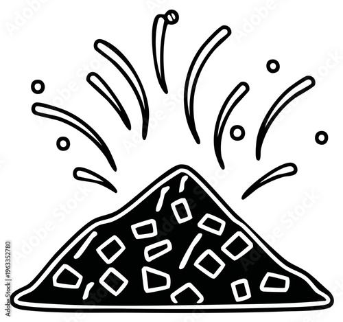 Explosion of abstract shapes and dots emanating from a pile of textured material