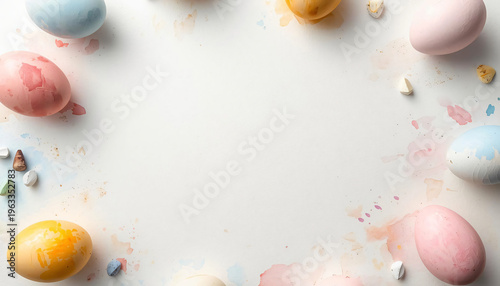 Decorative Easter egg scene in various colors against a neutral background.