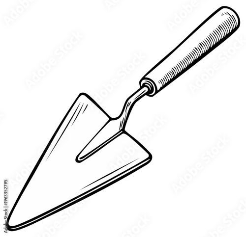 Black and white illustration of a garden trowel for digging and gardening tasks
