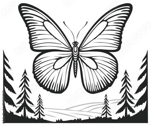 Butterfly with spread wings hovering over a forest scene illustration