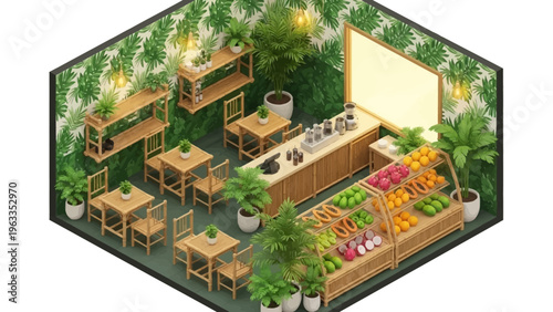 Greenhouse with Plants and Furniture.