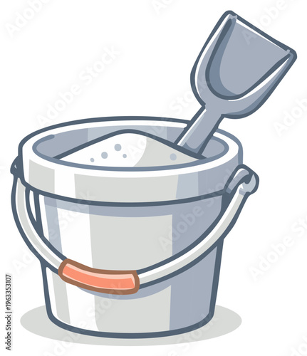 Cartoon bucket filled with sand and a shovel