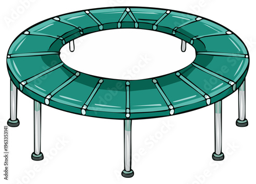 Cartoon trampoline, teal colored and circular, with a unique modern design, illustration.