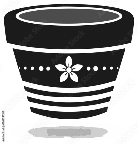 Ornate flower pot with stripes and flower design for plants in a simple vector graphic