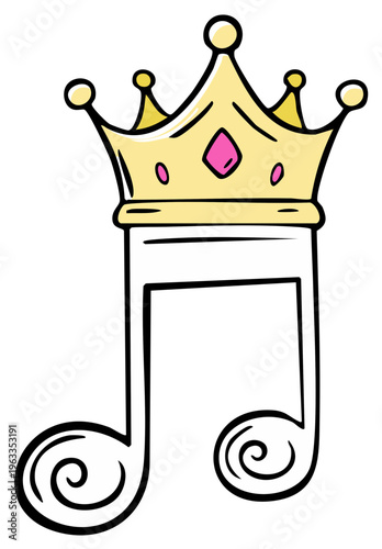 Musical note crown royalty symbol with gemstone and swirls