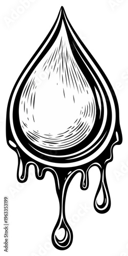 Dripping liquid drop icon with sketch-style hatching and bold outline