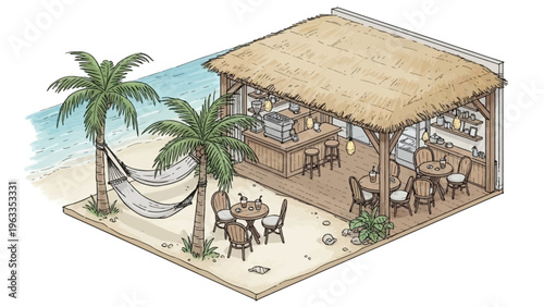 Beachside Bar with Palm Trees and Hammock.