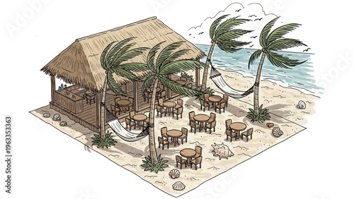 Beachside Hut with Palm Trees and Furniture.