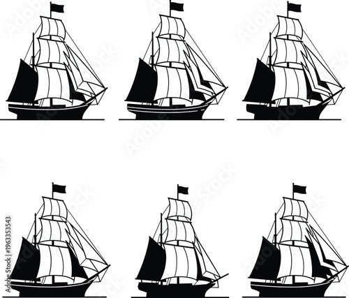 Black and white vector silhouette set of vintage sailing ships and majestic galleons with detailed rigged sails isolated on a clean white background (24 words)