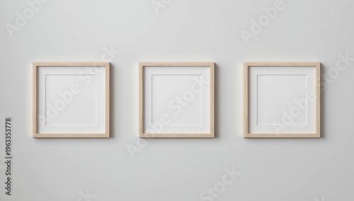 Three square thin wooden frame on white wall. 3d illustration.